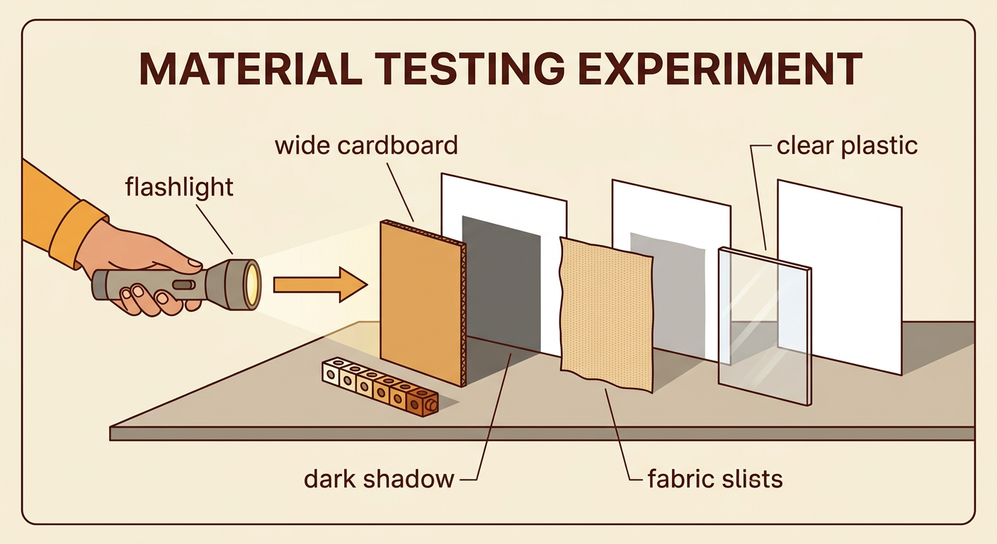 A flashlight shines toward wide cardboard and clear plastic, creating different shadows on a table.