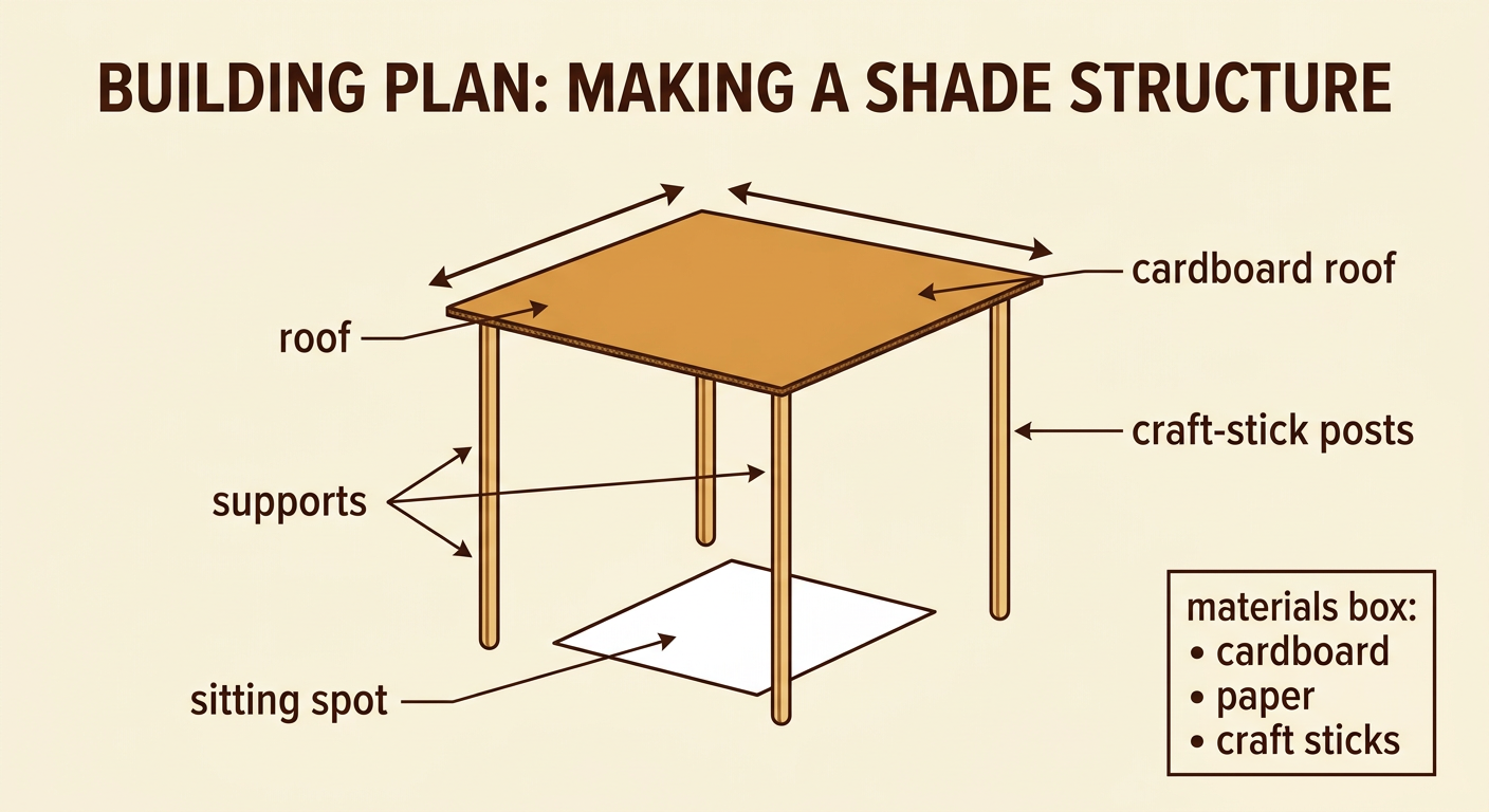 A simple side-view plan shows a cardboard roof above a paper sitting spot on four equal supports.