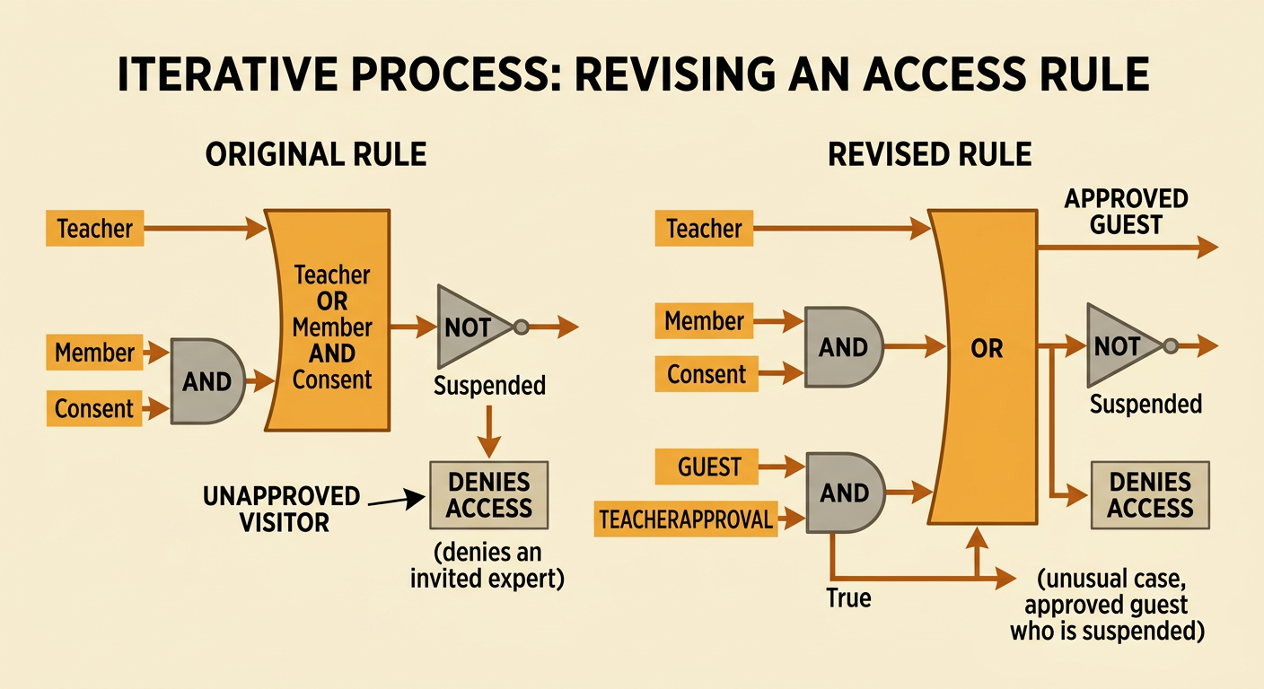 A revised access diagram adds a guest pathway that requires teacher approval while keeping the suspension check.