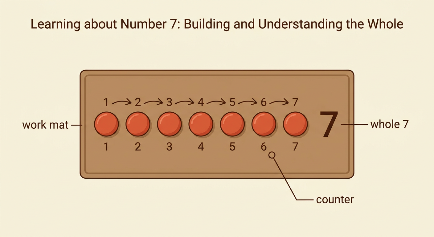 Seven counters sit on a work mat, with the complete set marked as the whole.