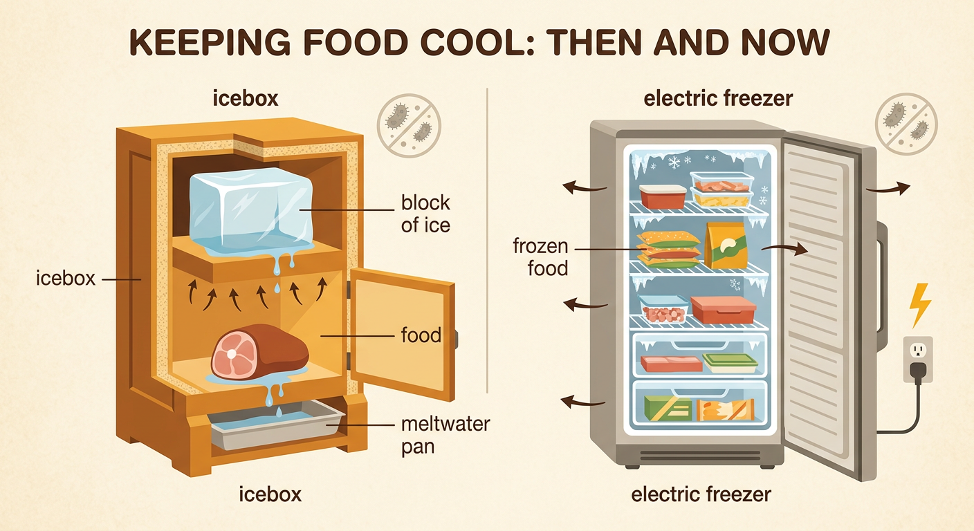 A cutaway view of an old insulated icebox shows a block of ice above food and a meltwater pan below.