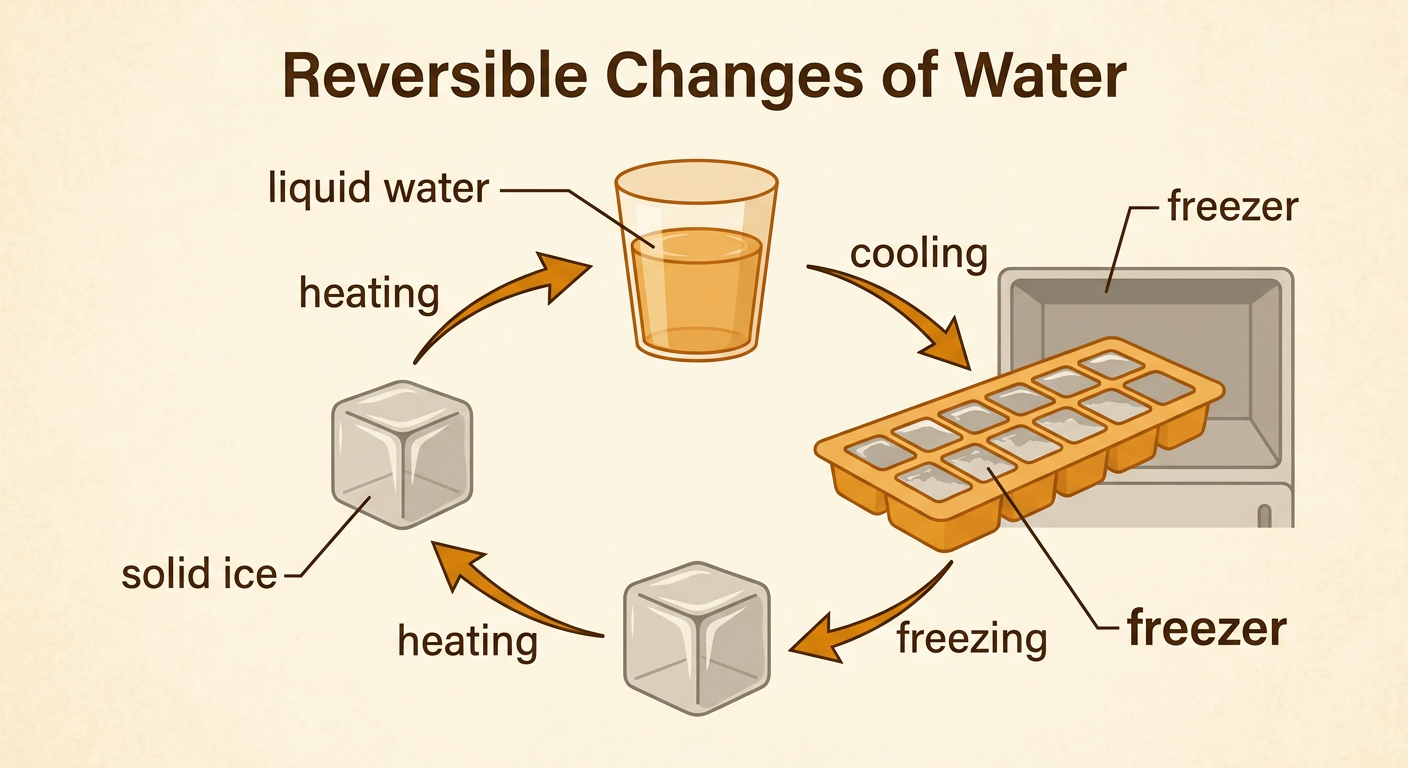 Liquid water in an ice cube tray enters a freezer and becomes solid cube-shaped ice.
