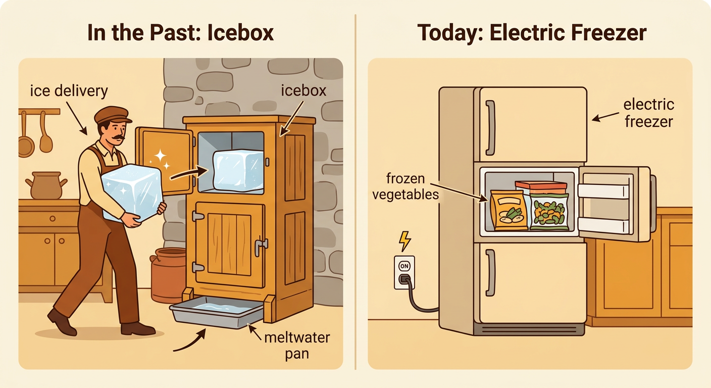 A split scene compares a worker delivering ice to an old icebox with a modern electric freezer holding frozen vegetables.
