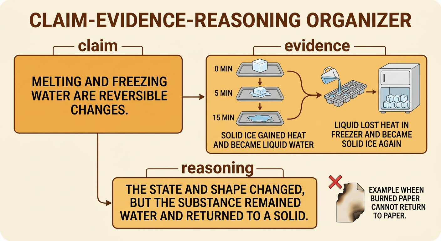 A simple evidence chart connects melting and freezing observations to the claim that the water change is reversible.