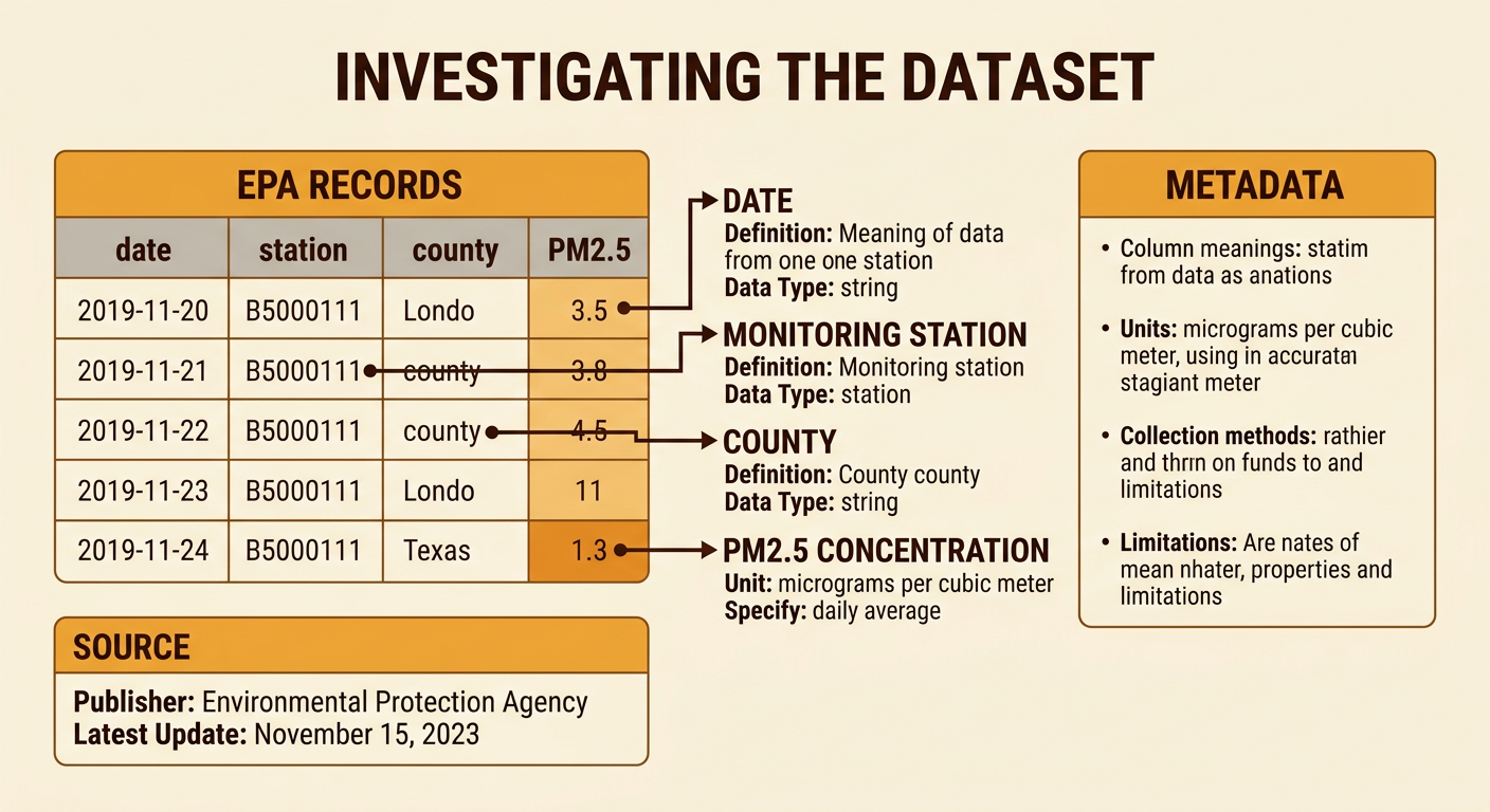 An EPA air-quality dataset preview appears beside its metadata, units, dates, stations, and county coverage.