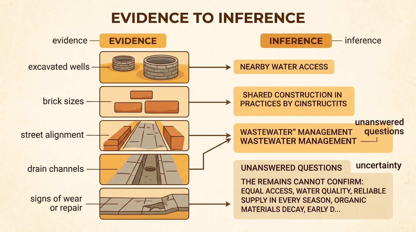 An archaeological evidence board connects physical finds to a water-access inference while marking unanswered questions.