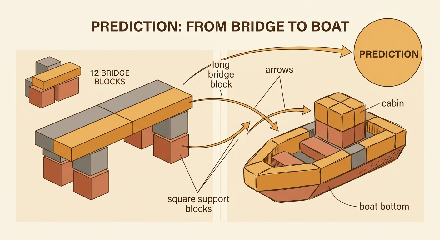 A child's prediction drawing shows bridge blocks moving along arrows to become a boat with a wide bottom and a small cabin.