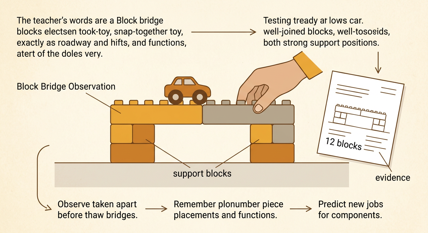 A close-up classroom block bridge supports a toy car, with long roadway blocks and square support blocks clearly visible.