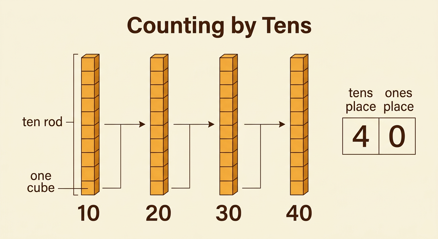 Four ten rods show 40, with one rod beside a matching group of 10 one cubes.