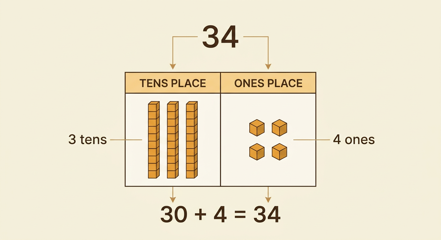 The number 34 appears beside three ten rods and four separate one cubes.