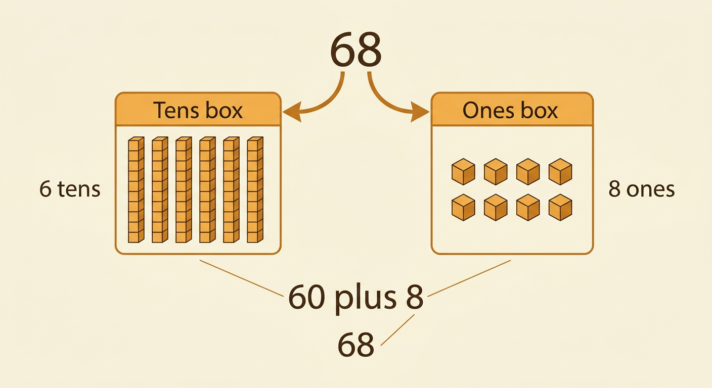 The number 68 is shown as six ten rods, eight one cubes, and the equation 60 plus 8.