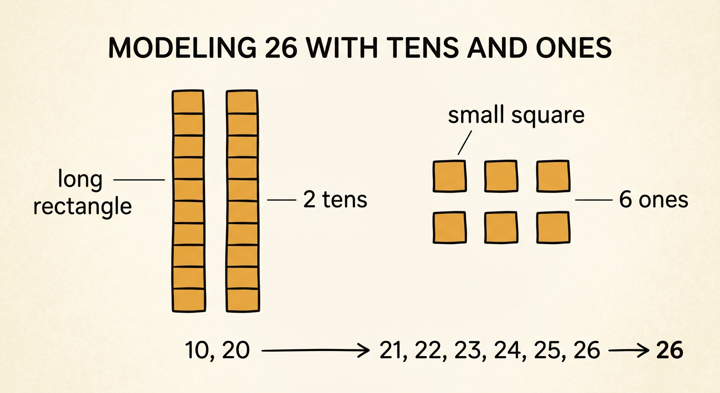A simple drawing shows 26 as two long rectangles and six small squares.