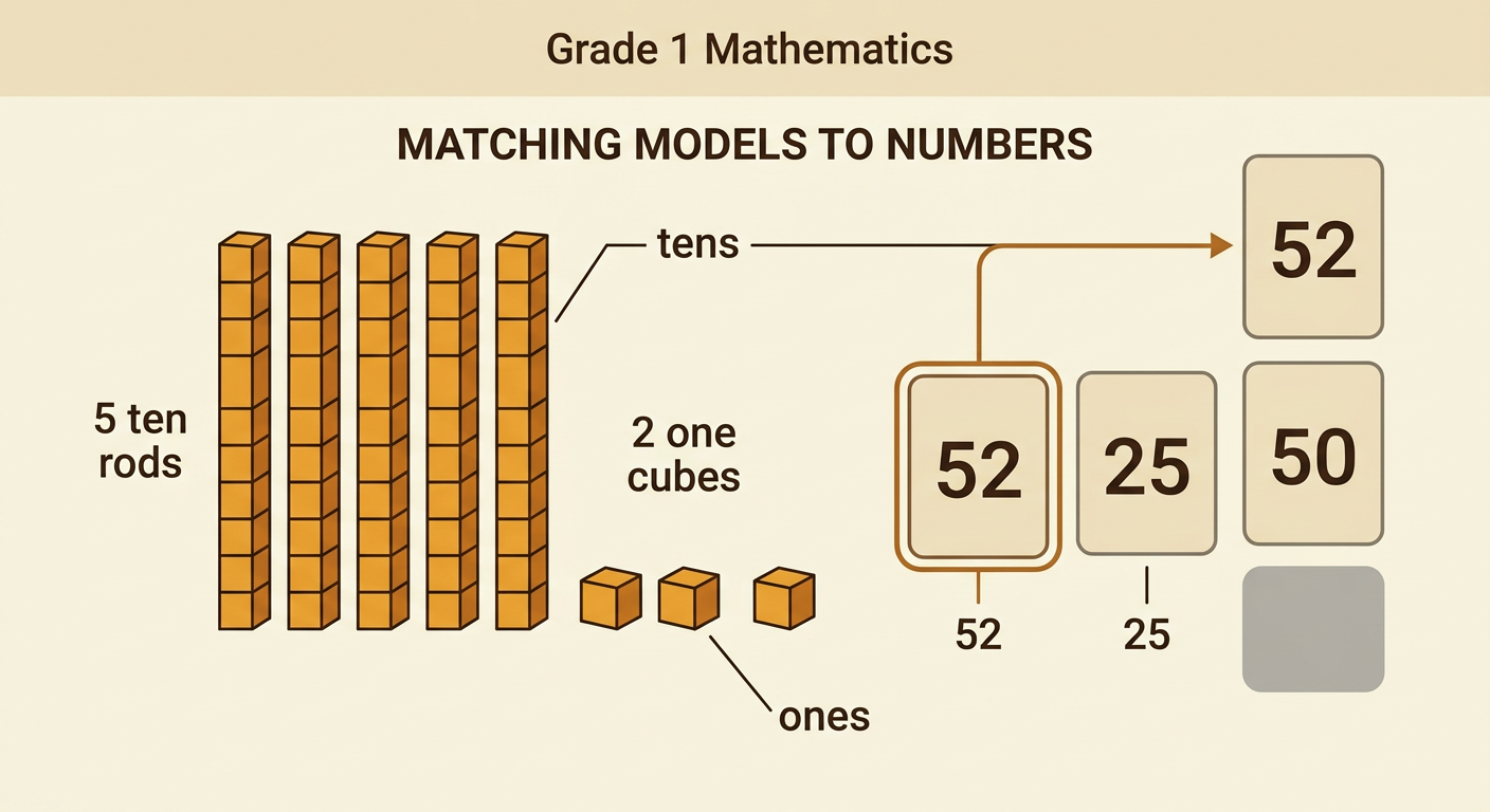 Five ten rods and two one cubes point to 52, while 25 is crossed out.