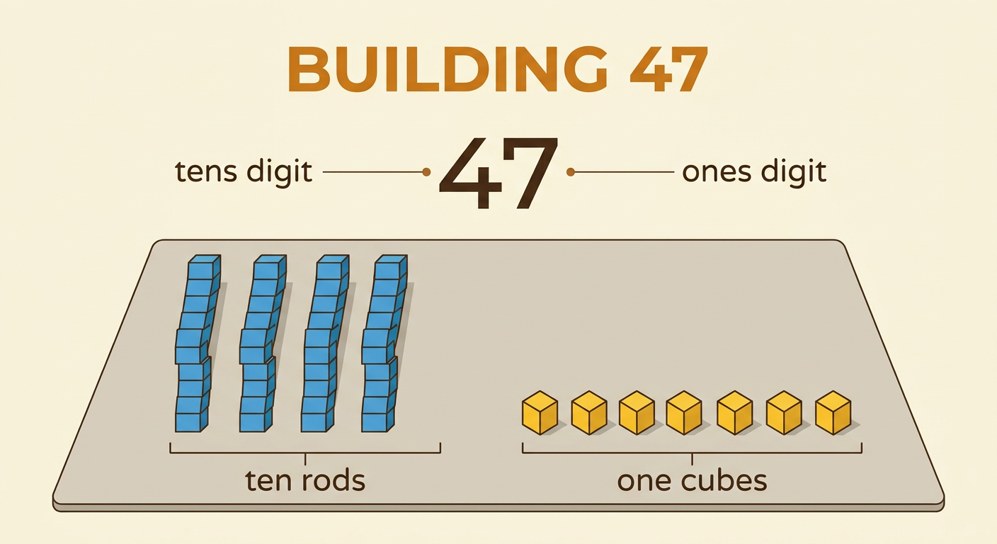 The number 47 is built with four ten rods and seven one cubes arranged in two groups.