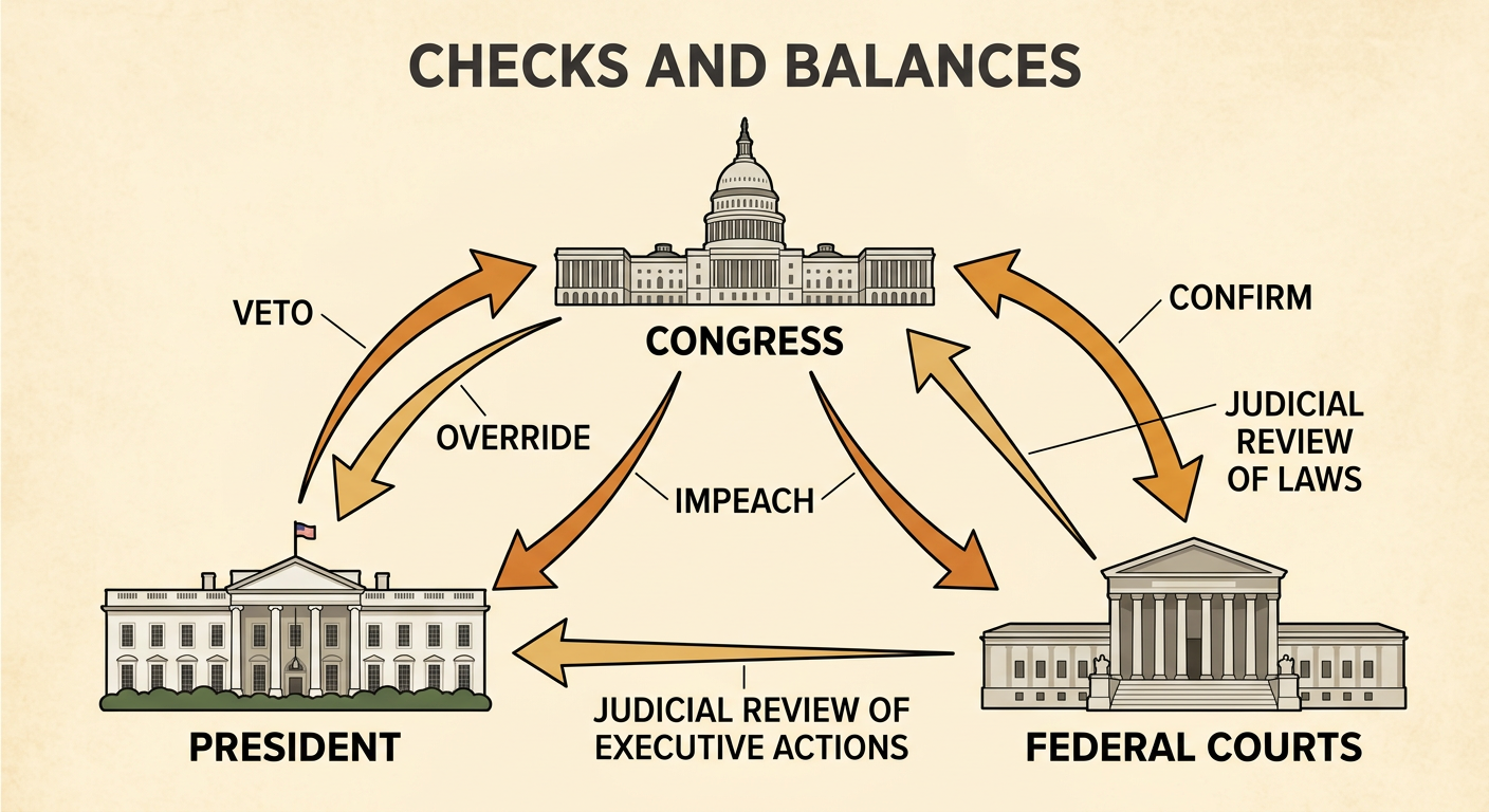 Arrows between Congress, the president, and the courts show a veto, an override, confirmation, and court review.