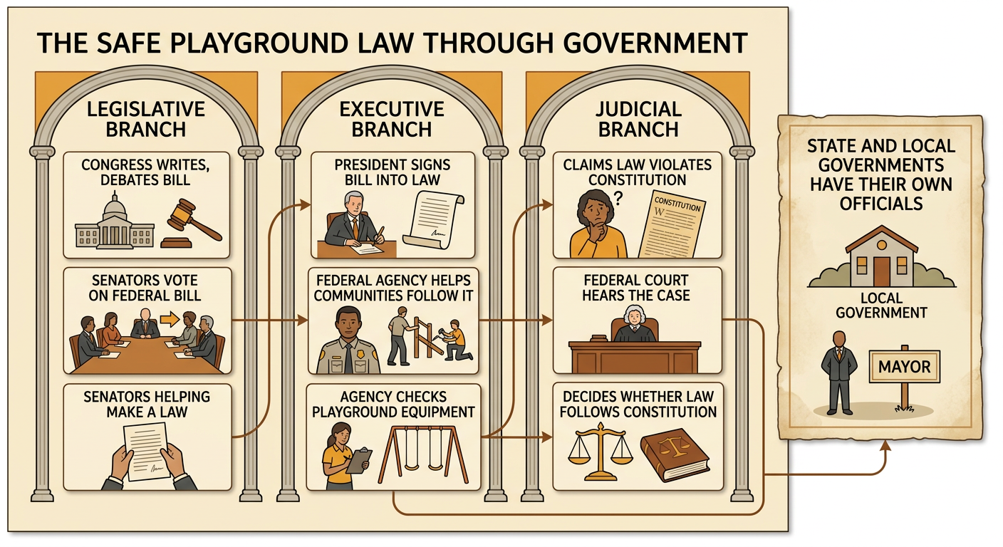 A safe playground law moves from Congress to the president and an agency, then to a federal court for review.
