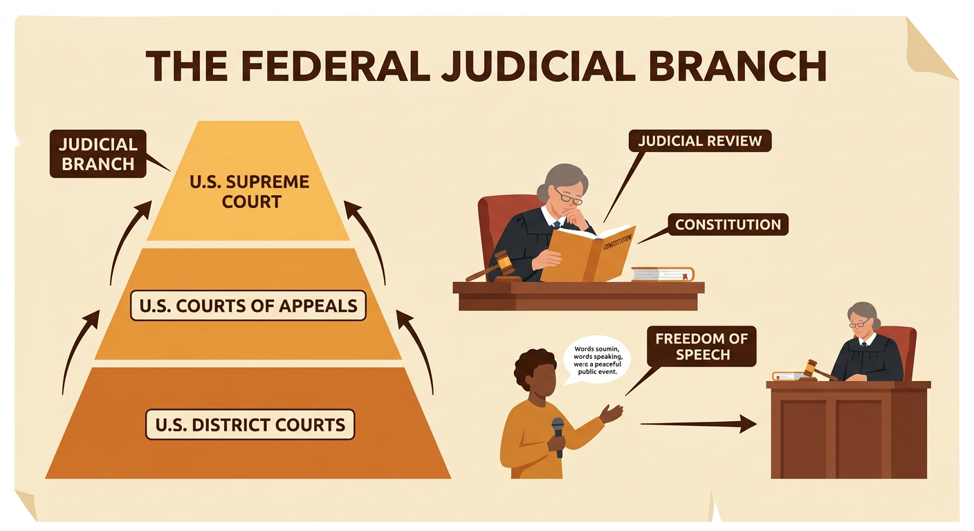 A federal judge compares a disputed public-event rule with the Constitution in a courtroom.