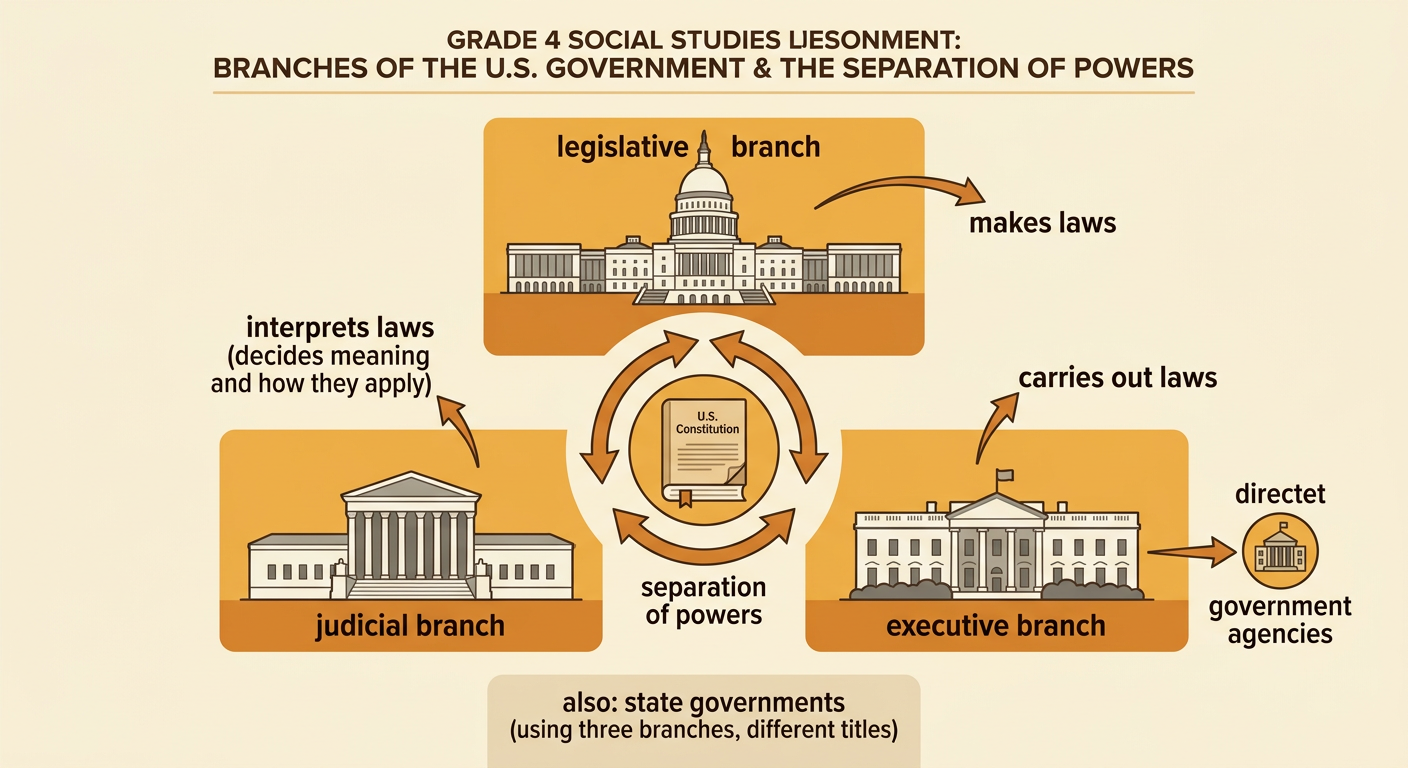 A three-part government diagram shows the lawmaking, law-enforcing, and law-interpreting branches connected around separation of powers.