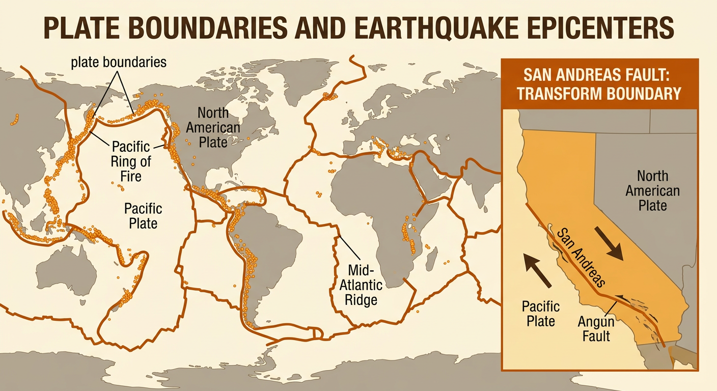 A world map compares clustered earthquake epicenters with major plate boundaries and highlights the Ring of Fire, Mid-Atlantic Ridge, and San Andreas Fault.