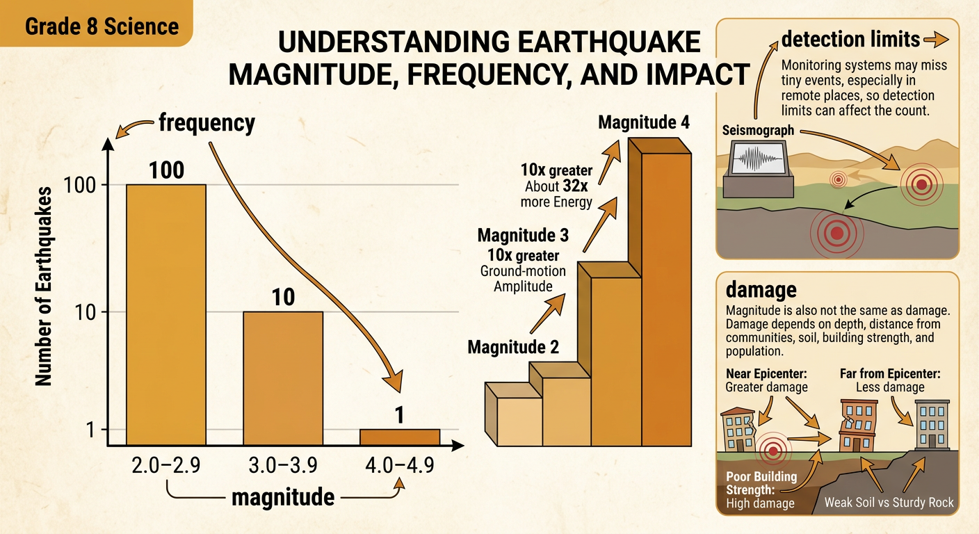 A bar graph compares earthquake magnitude and frequency beside two contrasting examples showing that magnitude does not equal damage.