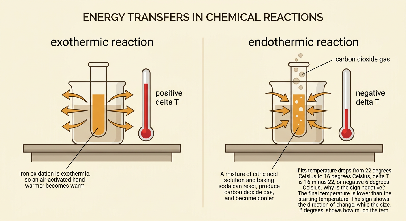 Side-by-side reaction cups show an exothermic temperature rise and an endothermic temperature drop.