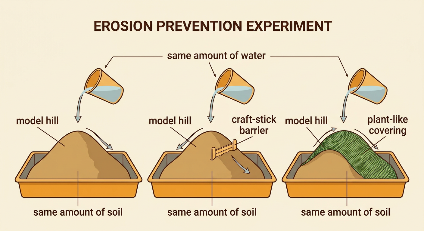 Two equal model hills show a craft-stick barrier and a plant-like covering ready for a fair test.