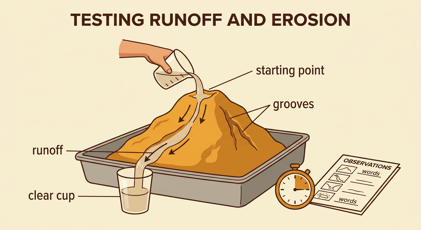 Water pours from a marked starting point down a model hill while runoff collects in a clear cup inside a tray.