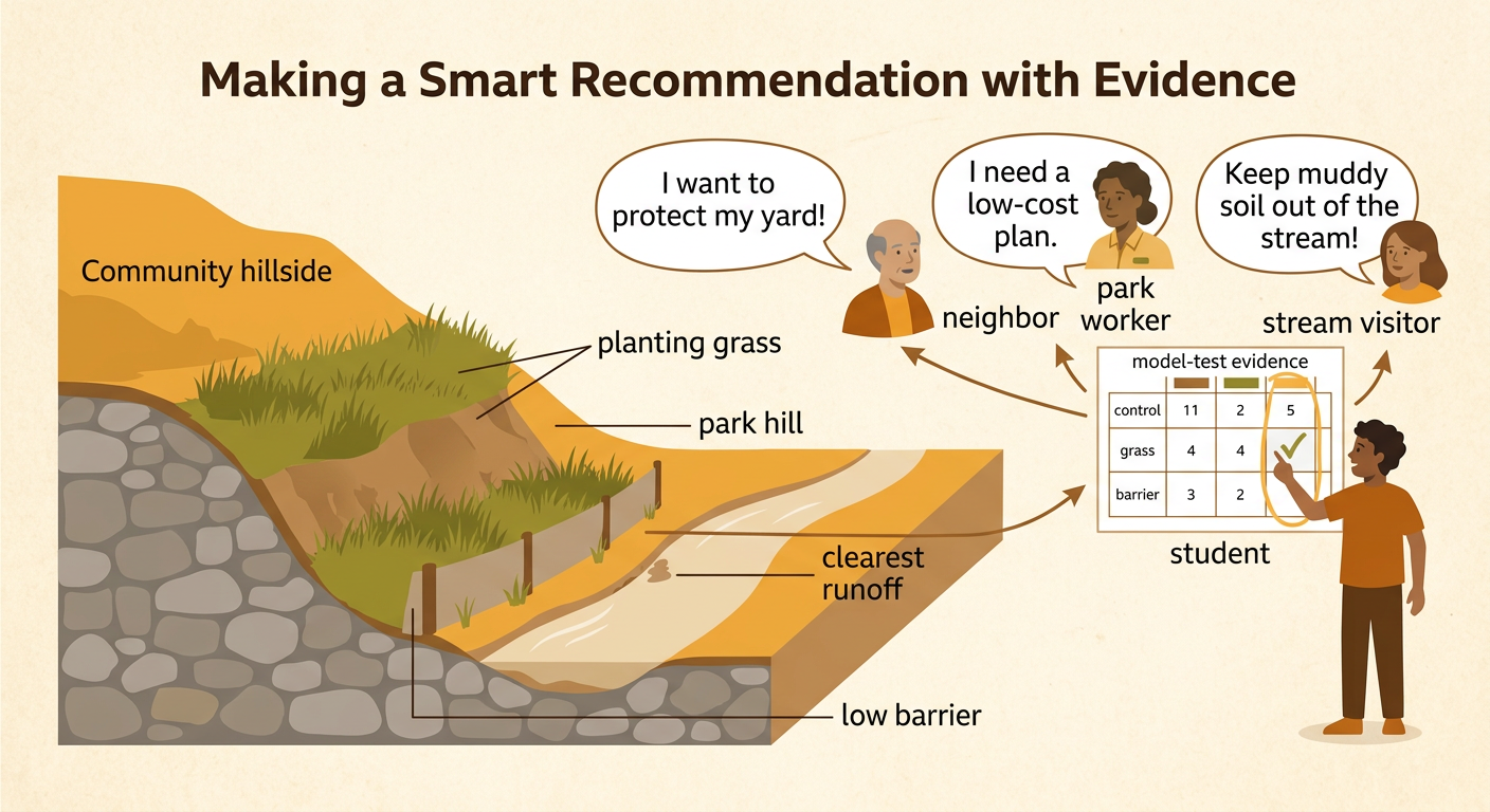 Grass and a low barrier protect a park hill while clear runoff flows away from the soil.
