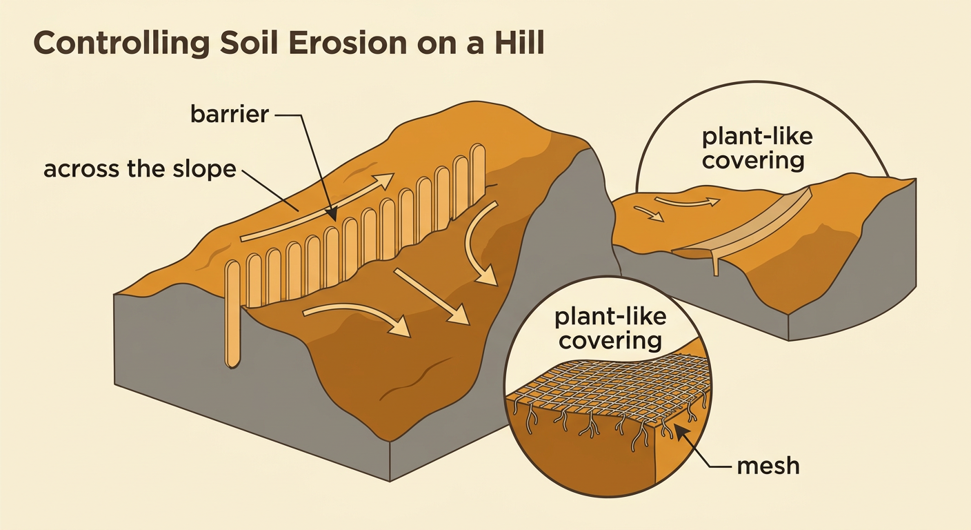 A model hill shows a low barrier across the slope beside an area protected by mesh.