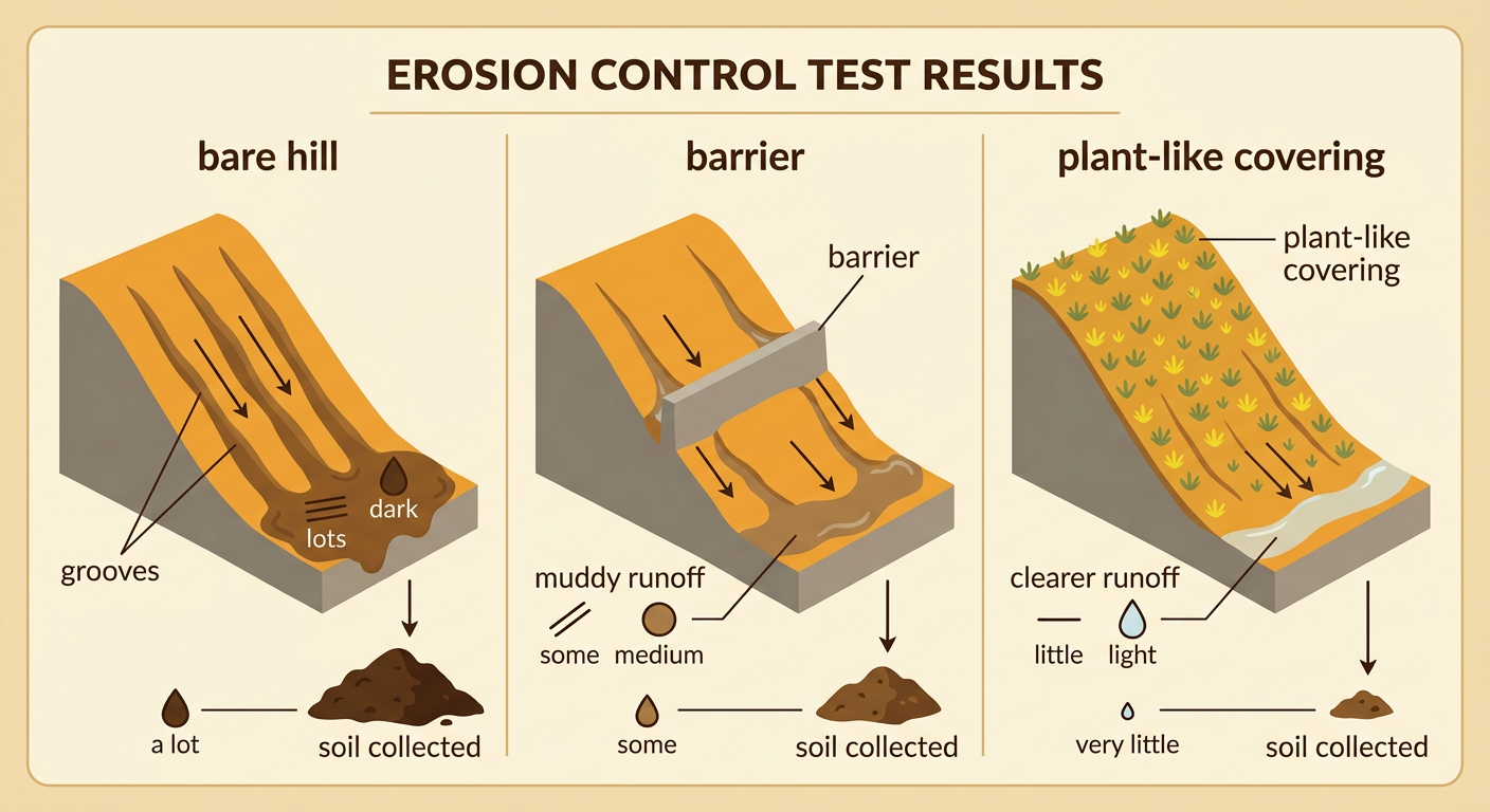 Three tested hills compare a bare hill, a barrier, and a plant-like covering with different amounts of muddy runoff.
