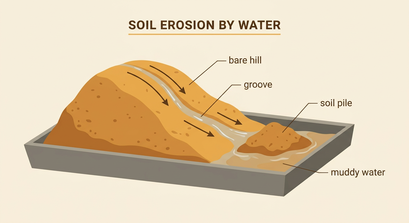 Water runs down a bare soil hill, forming a groove, muddy water, and a soil pile at the bottom.