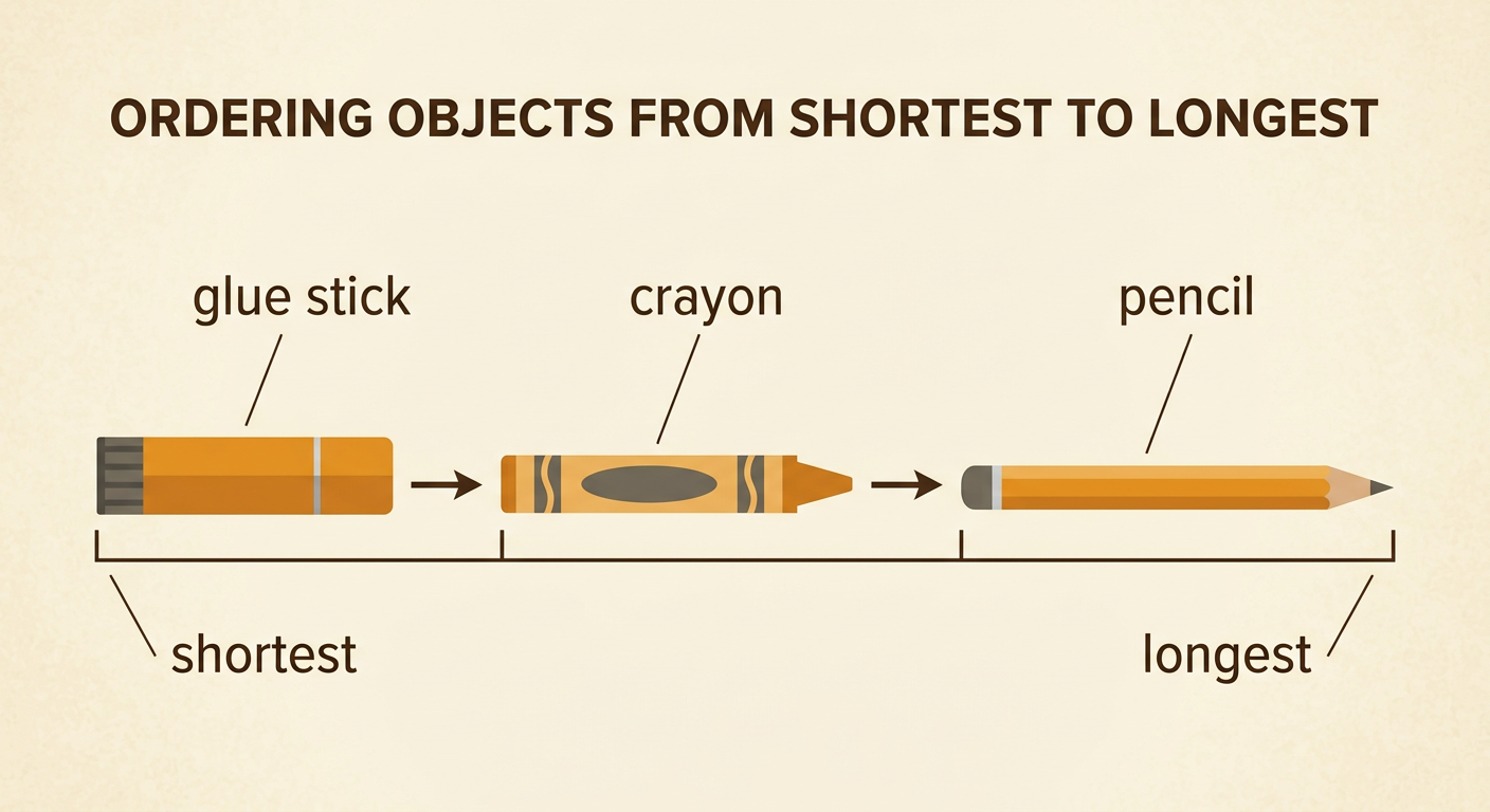 A glue stick, crayon, and pencil appear in a row from shortest to longest.