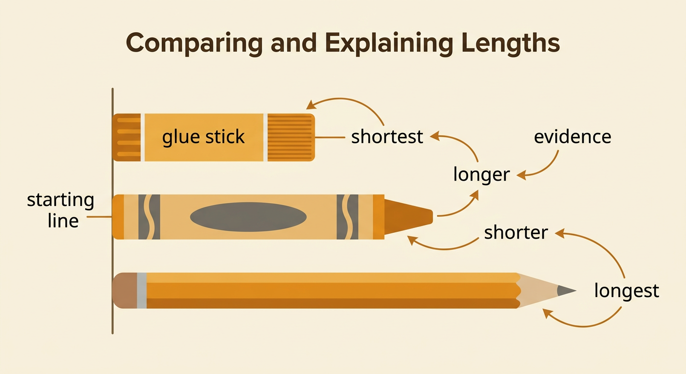 Three objects share one starting line, with arrows showing their different ending points and length words.