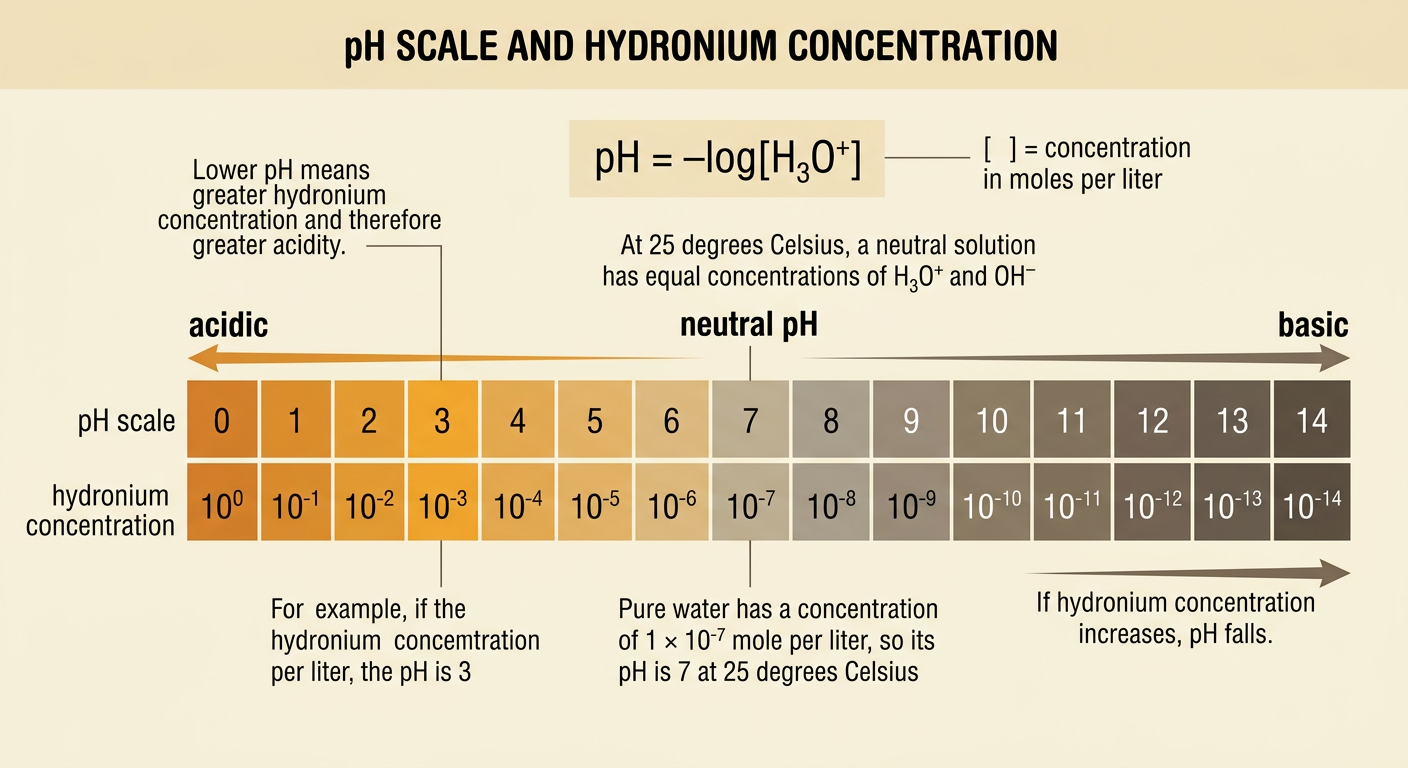 A pH scale connects hydronium concentrations with acidic, neutral, and basic regions.