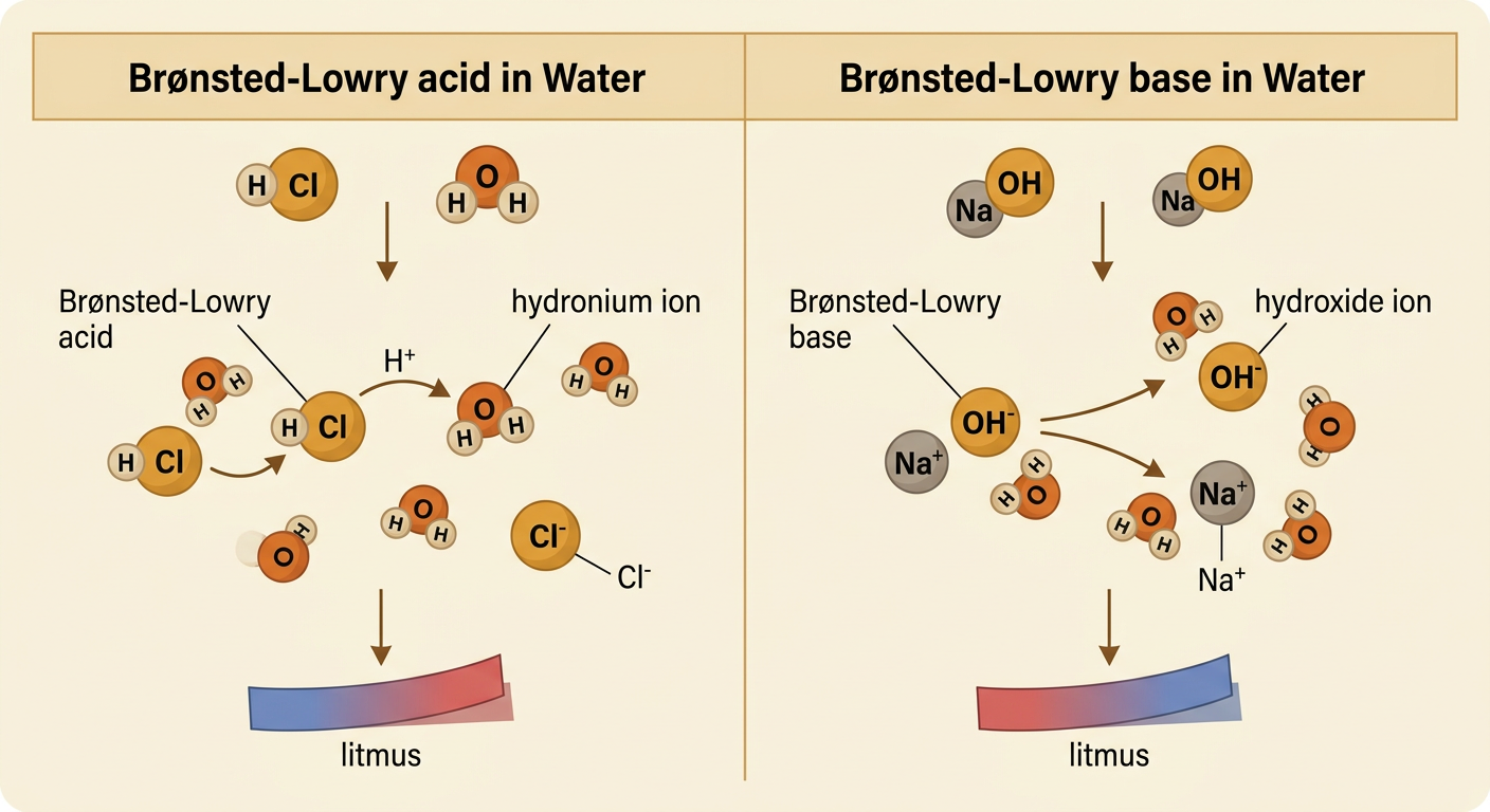 A molecular diagram shows hydrochloric acid donating H⁺ to water while sodium hydroxide separates into ions.