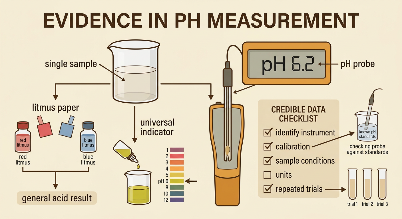 A solution is tested with universal indicator and a calibrated pH probe while repeated results are recorded.