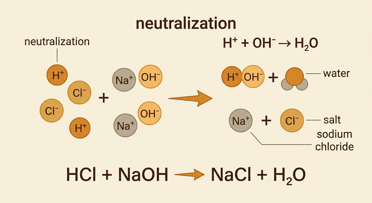 A particle diagram shows hydrogen and hydroxide ions forming water as sodium and chloride ions form a salt solution.