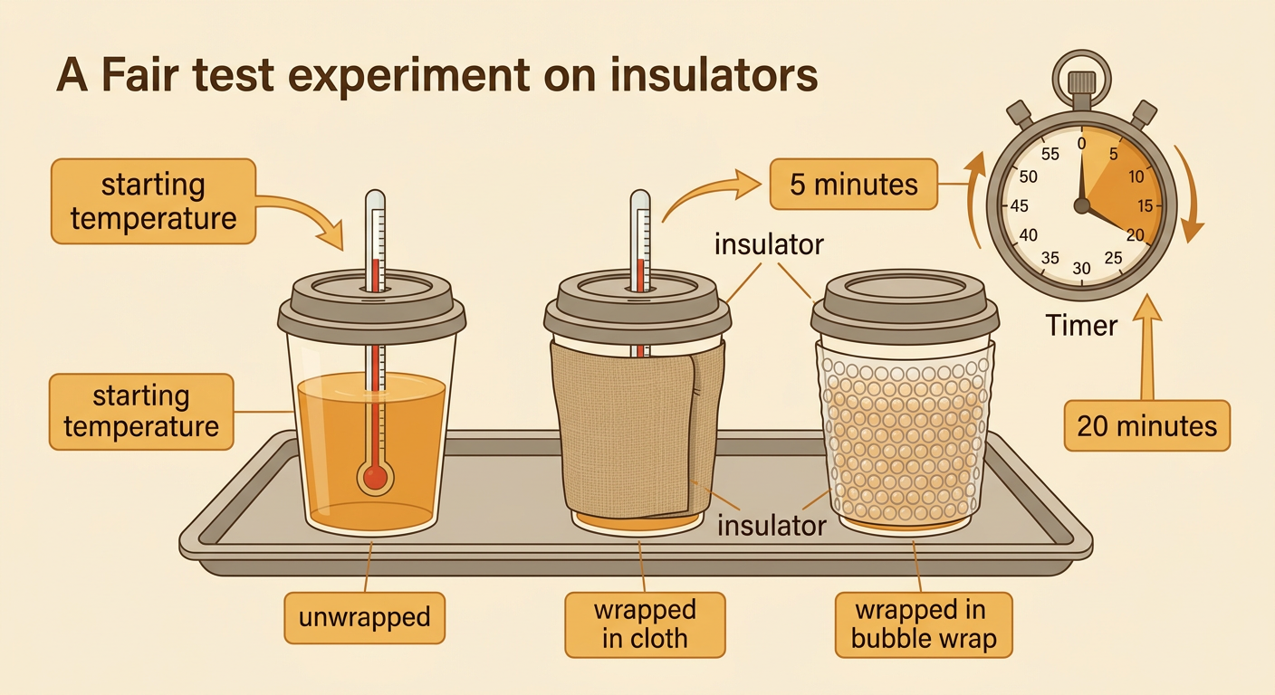 Three matching cups sit together with a thermometer and a recording chart marked from the starting reading to 20 minutes.