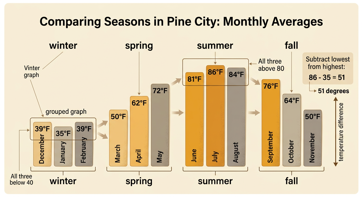 The Pine City bars are grouped into four colored seasons, with summer highest and winter lowest.