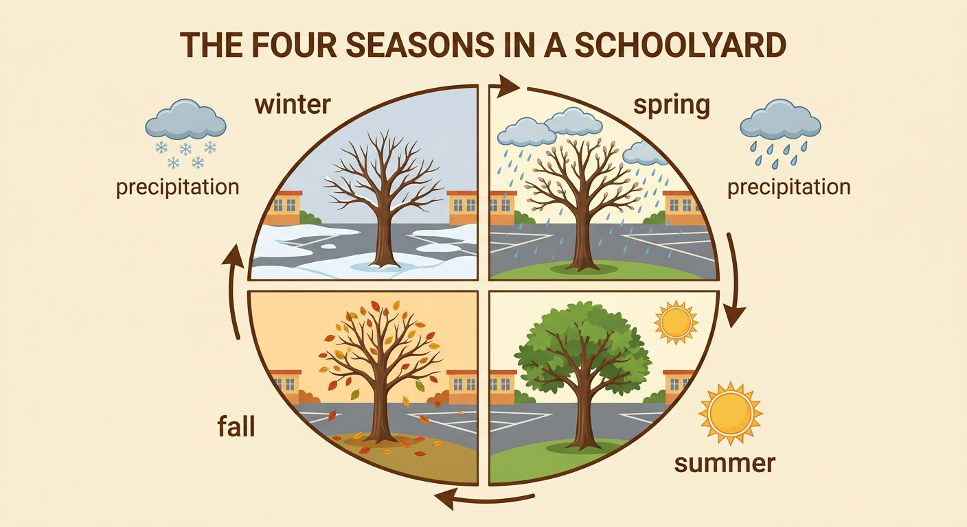 A four-season Pine City scene shows cold winter weather, mild spring and fall weather, and hot summer weather.