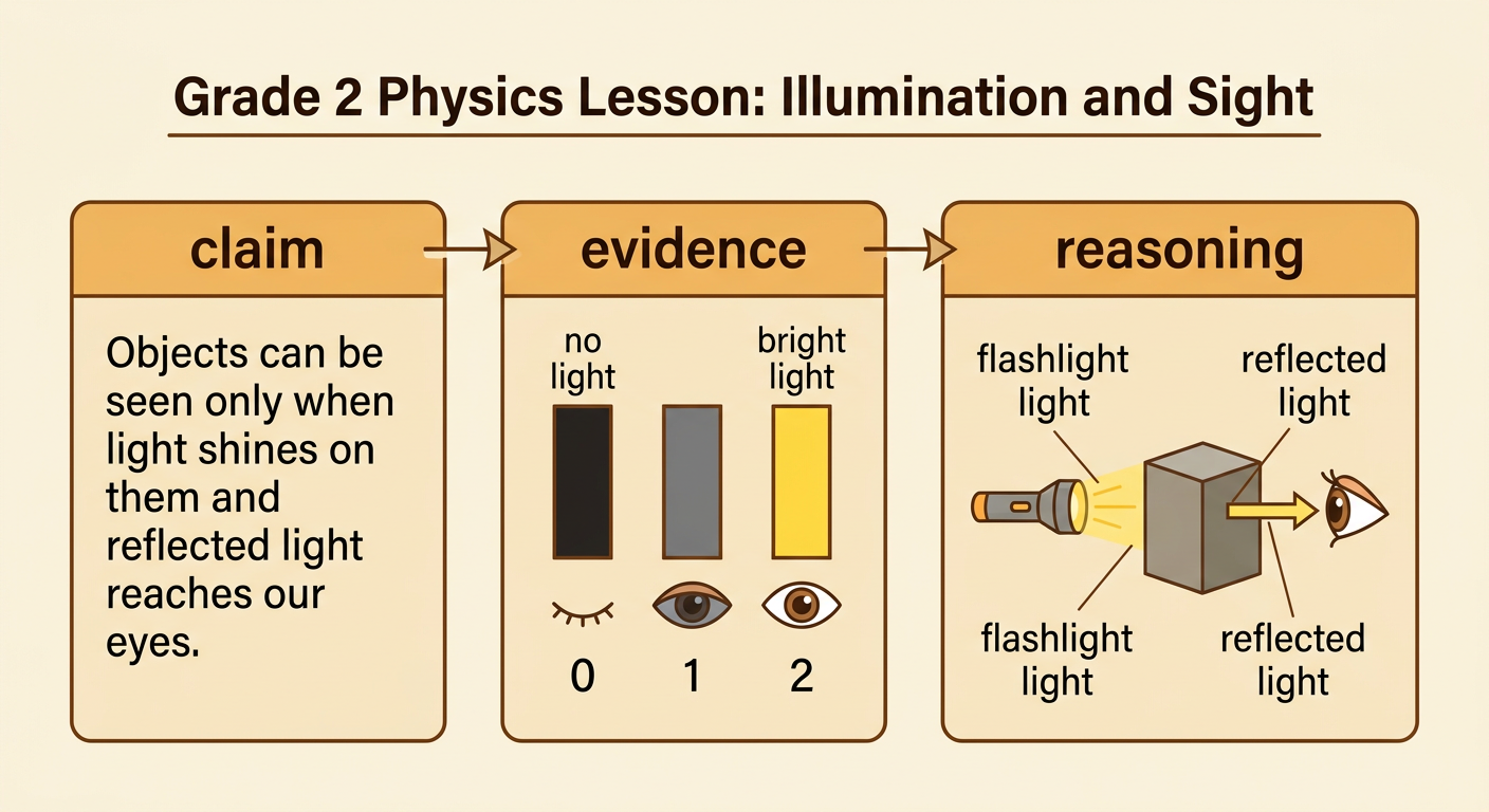 A claim-and-evidence diagram connects the block test and graph to reflected light entering the eyes.