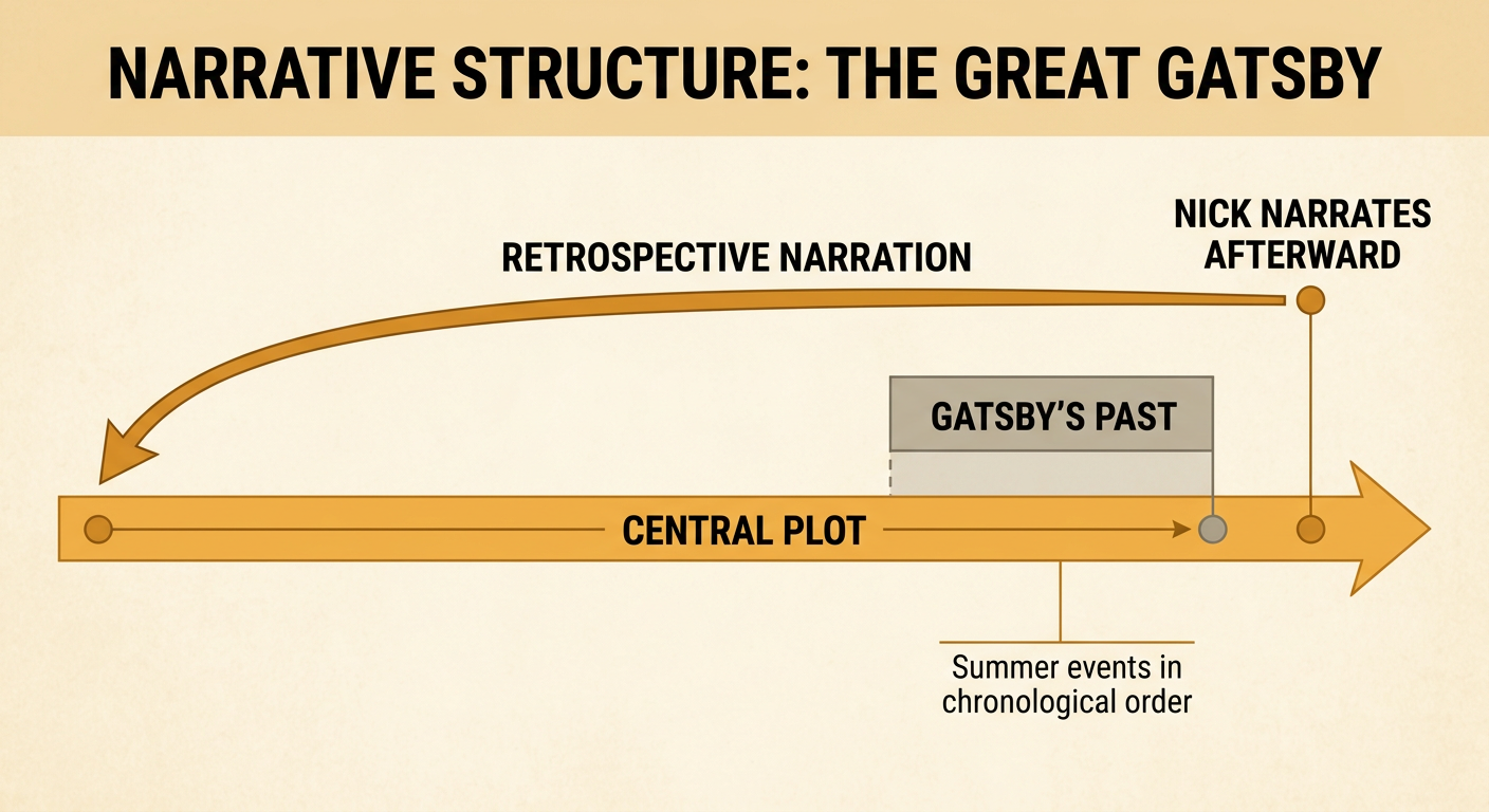 A timeline of The Great Gatsby shows retrospective narration surrounding a mostly chronological central plot, with Gatsby's past revealed late.