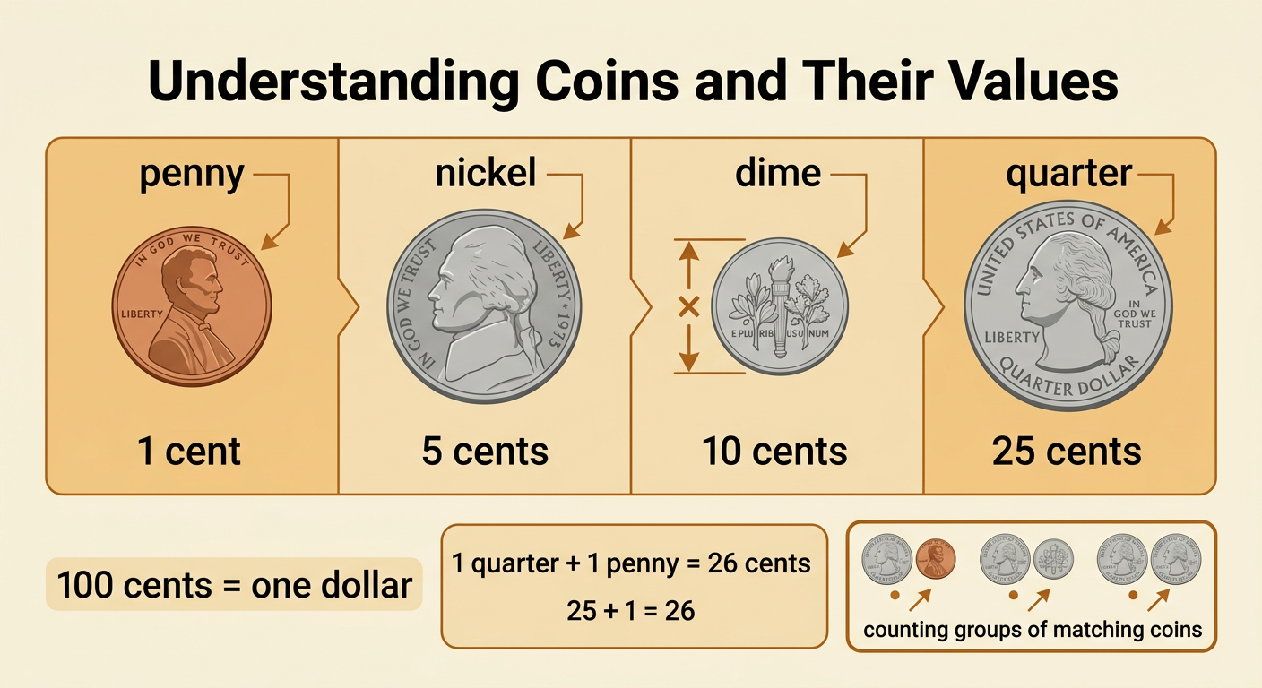A coin chart shows a penny, nickel, dime, and quarter with each coin’s value.
