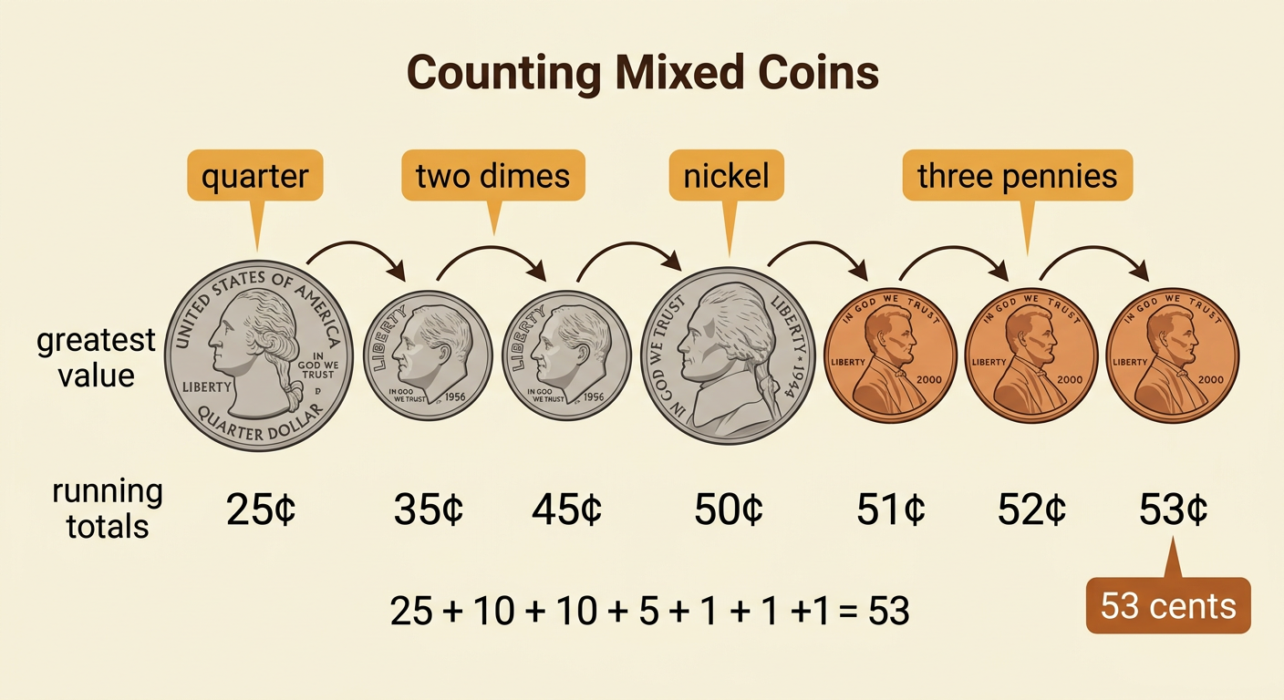 A quarter, two dimes, one nickel, and three pennies are arranged from greatest value to least value with a total.