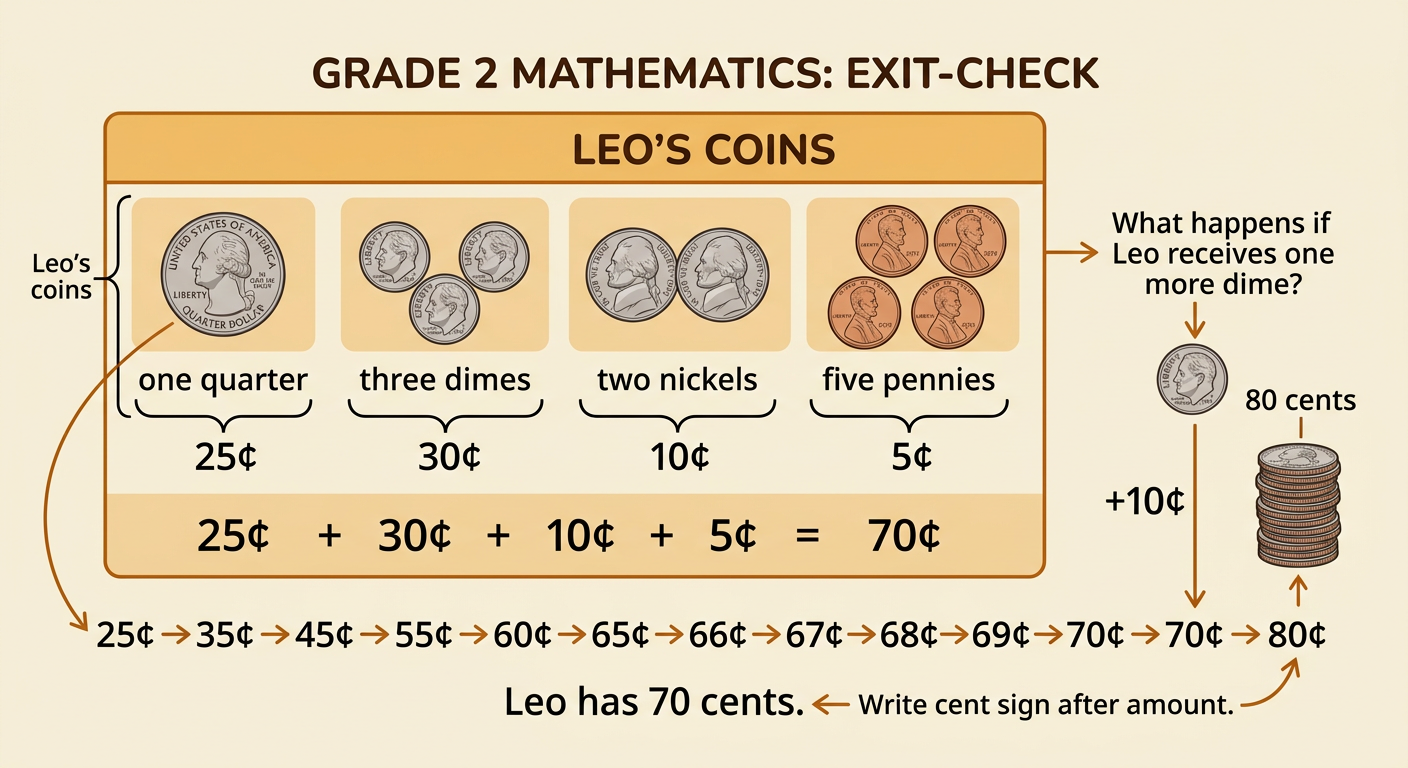 Leo’s mixed coins are arranged by value, with totals of 70 cents and 80 cents after one more dime.