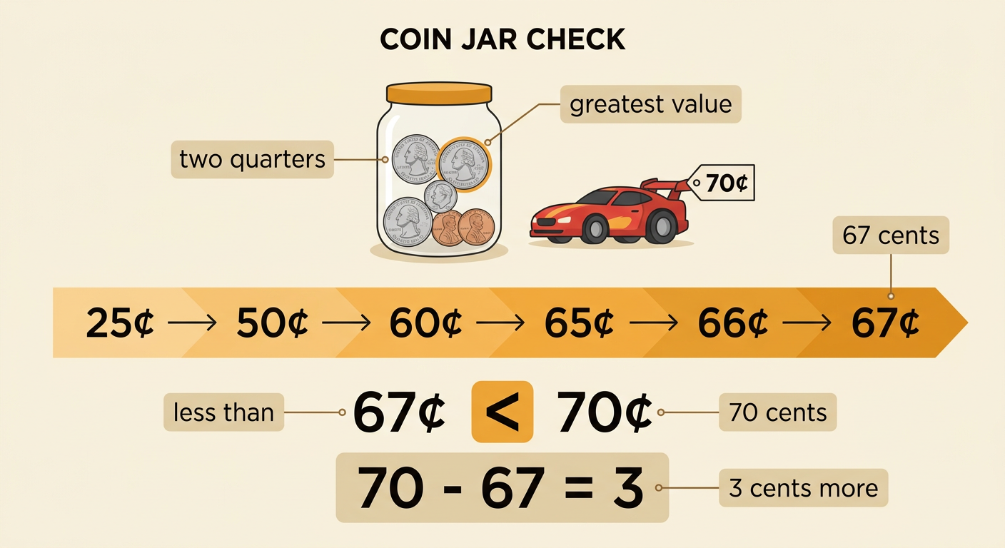 A jar of mixed coins is compared with a toy costing 70 cents, showing that 3 cents more is needed.
