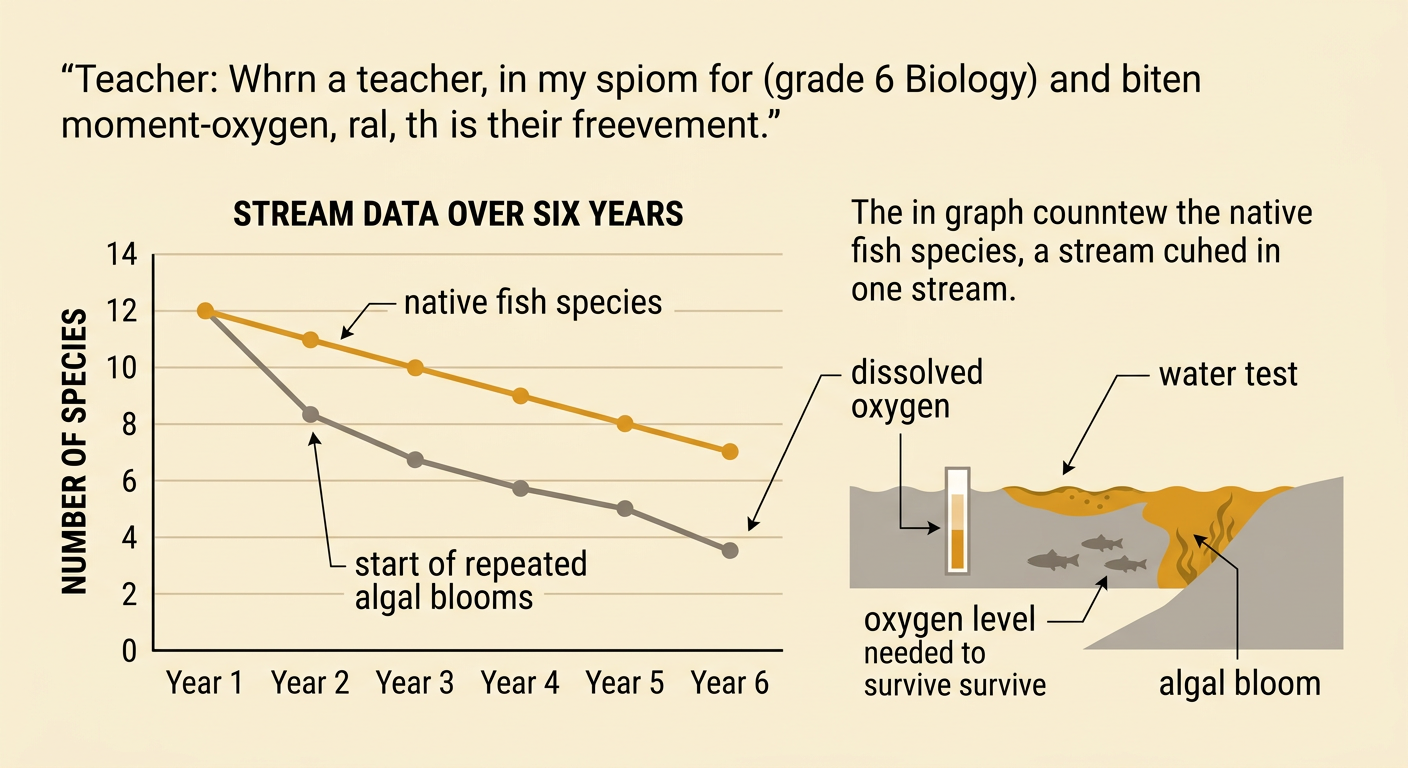 A stream study combines a fish-species graph with algae, oxygen, and water-test evidence.