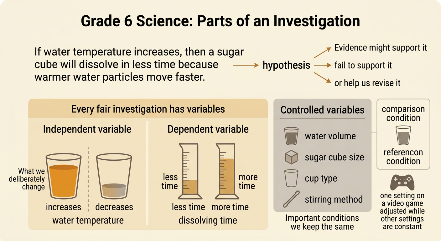 Three identical cups at cold, room, and warm temperatures show the changed, measured, controlled, and comparison parts of the test.