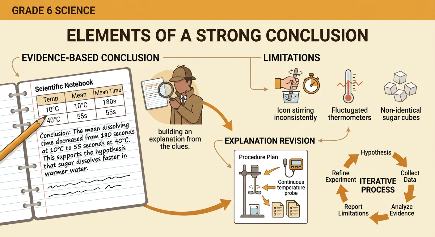 A circular investigation diagram connects the sugar results to a conclusion, limitations, improved testing, and revision.