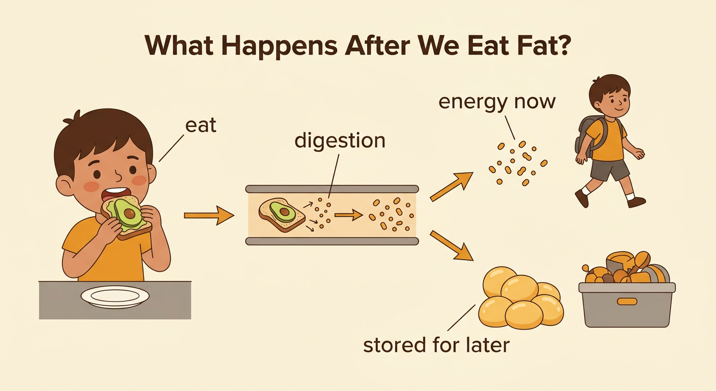 A simple model shows avocado toast being eaten and digested, with fat used for energy now or stored for later.